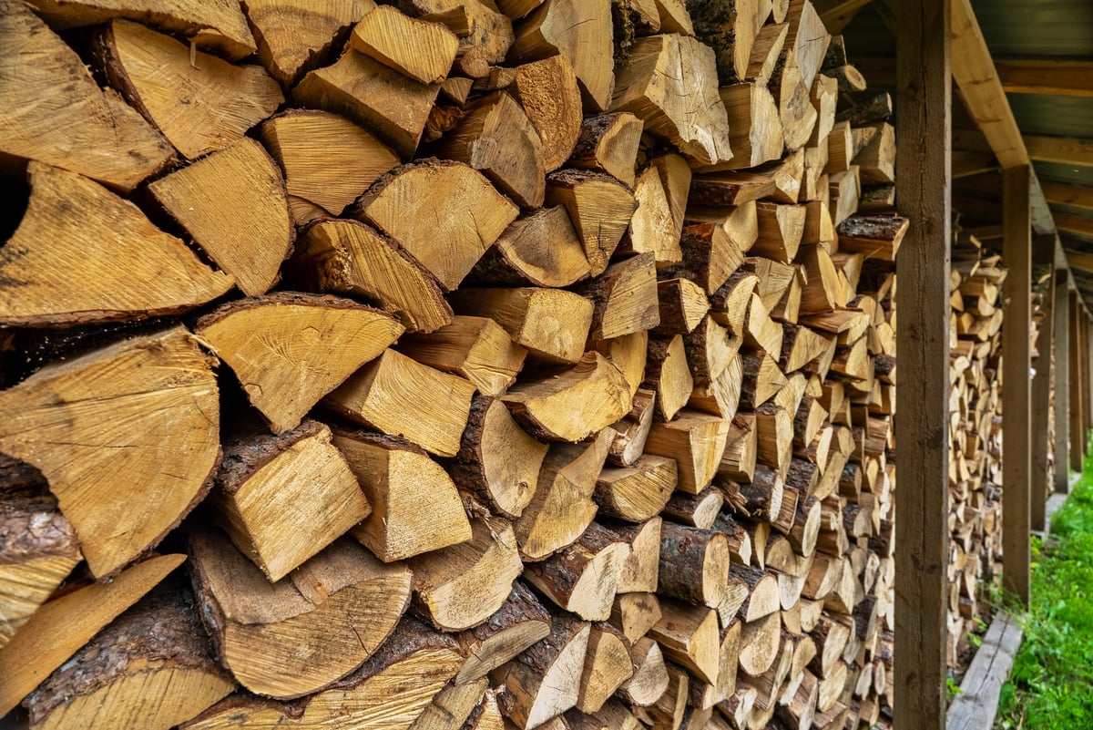 Stack of neatly chopped firewood in a wooden shed ready for self-serve pickup