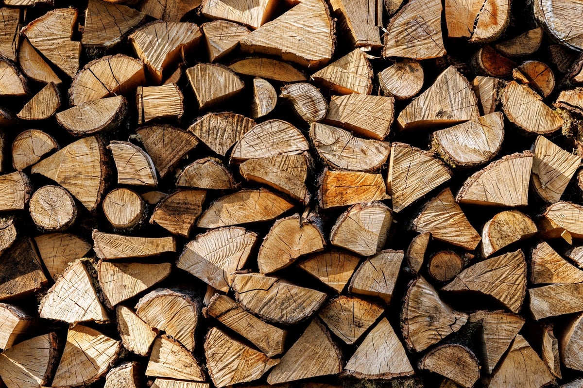 Neatly stacked cut firewood forming a textured wall of logs